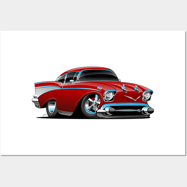 Classic hot rod 57 muscle car, low profile, big tires and rims, candy apple red cartoon Wall Art by hobrath